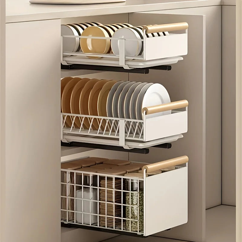Space-Saving Kitchen Drawer Organizer - Pull-Out Rack for Plates, Bowls & Spices