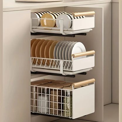 Space-Saving Kitchen Drawer Organizer - Pull-Out Rack for Plates, Bowls & Spices