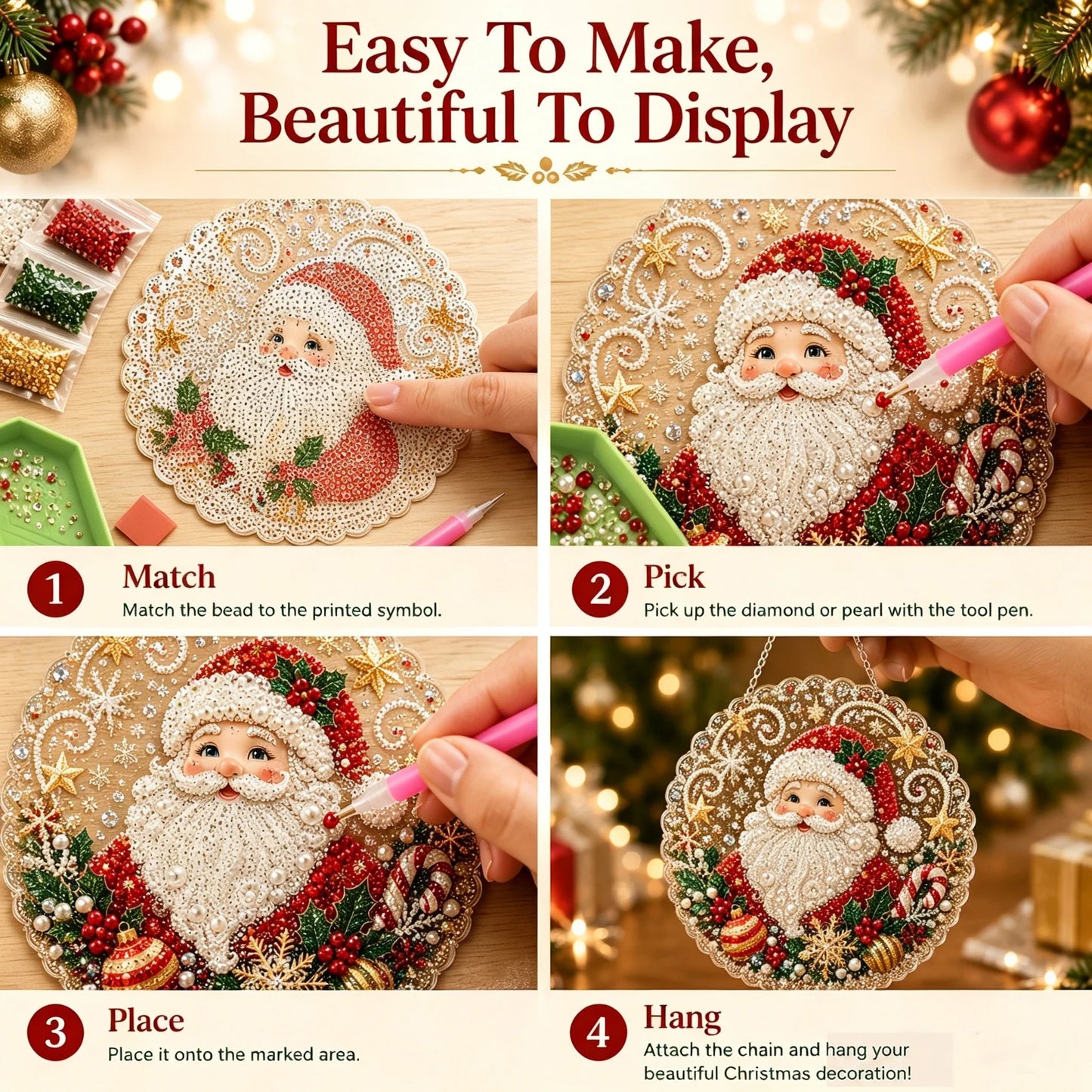 DIY Christmas Pearl Diamond Painting Pendant - Acrylic 2D Bead Craft for Holiday Window & Wall Decor