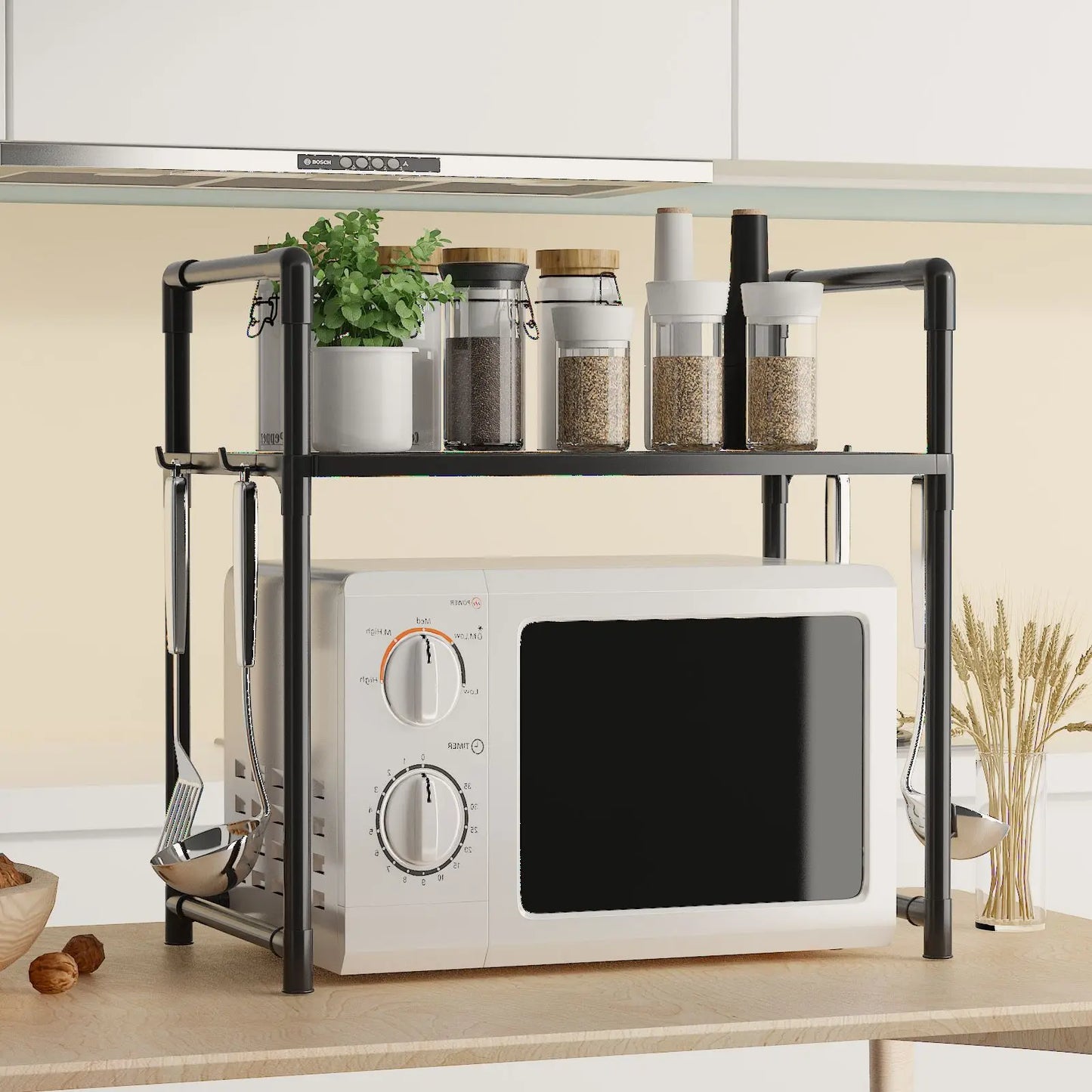 Extra Wide 2-Tier Microwave Stand — Heavy-Duty Kitchen Shelf with Handrail Hooks, Non-Slip Rack for Oven, Toaster & Spices