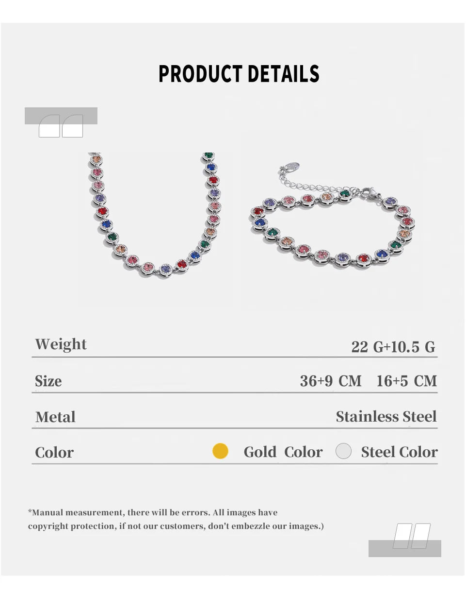 NiNice 316L Stainless Steel Jewelry Set – Colorful Cubic Zirconia Necklace and Bracelet, Exquisite Luxury Fashion Design