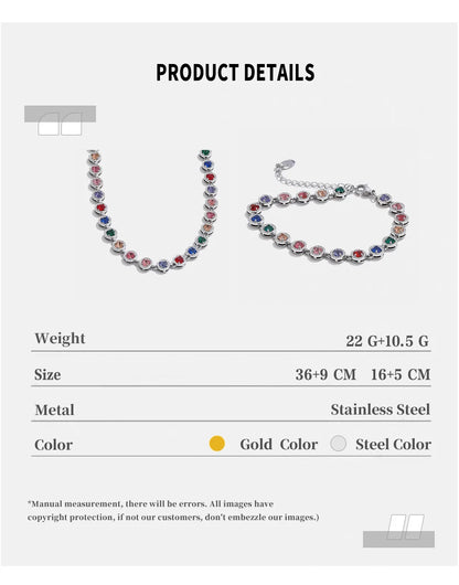 NiNice 316L Stainless Steel Jewelry Set – Colorful Cubic Zirconia Necklace and Bracelet, Exquisite Luxury Fashion Design
