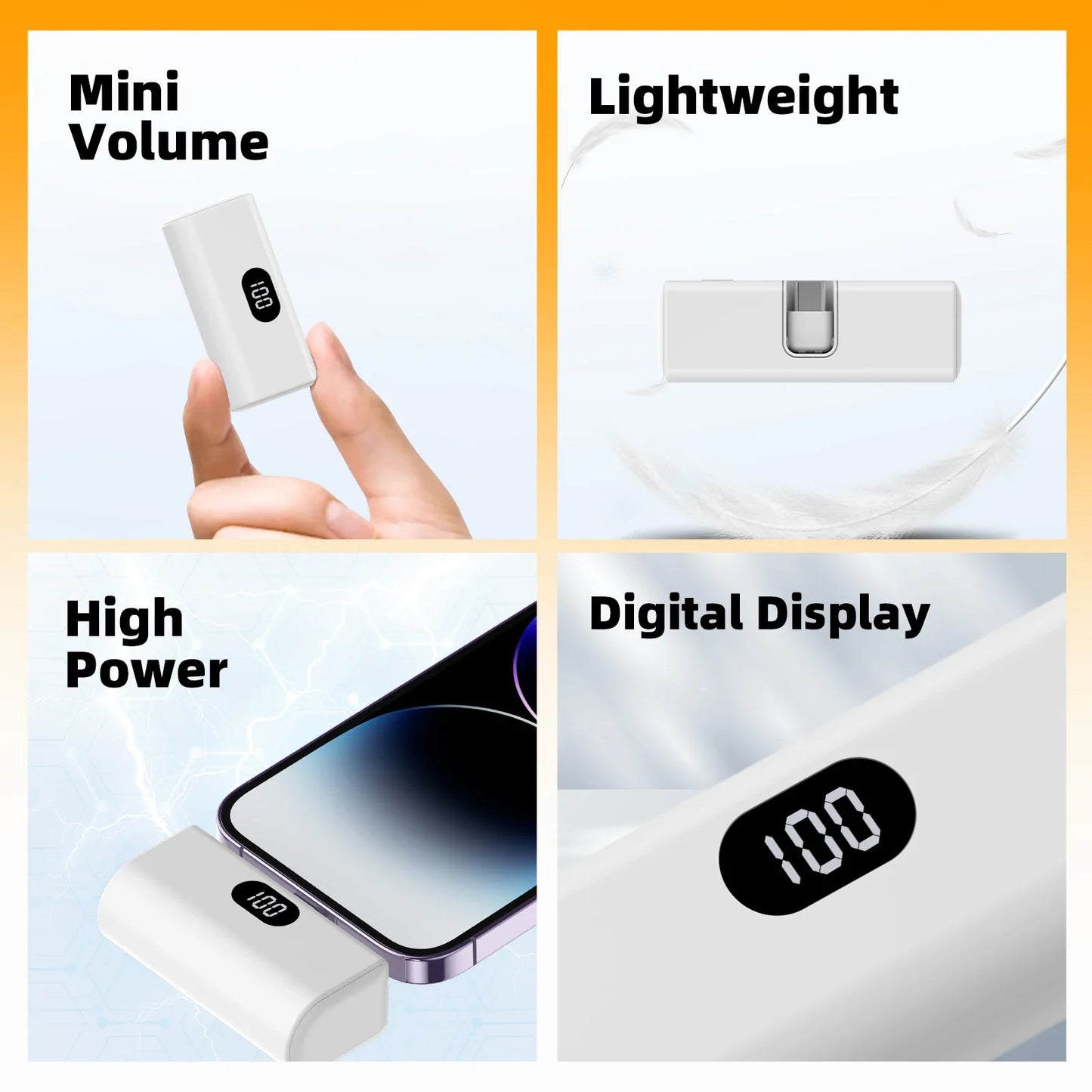 5000mAh Portable Power Bank - Lightweight Built-In Foldable Type-C Charger for All USB-C Devices