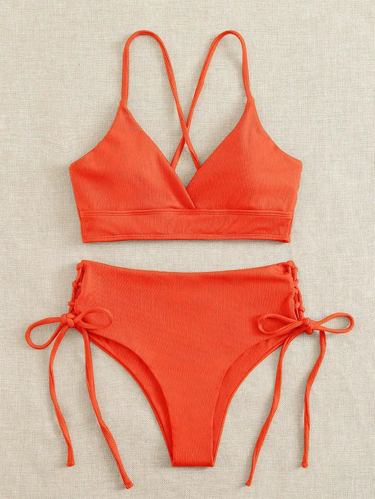 Cikini V-Neck Split Bikini Set – Sexy Lace-Up Triangular Solid Color Swimwear for Women