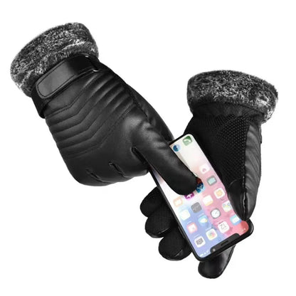 Men's Winter Fur Lined Gloves - Warm Insulated PU Touch Screen Gloves for Cycling, Motorcycle and Outdoor Use