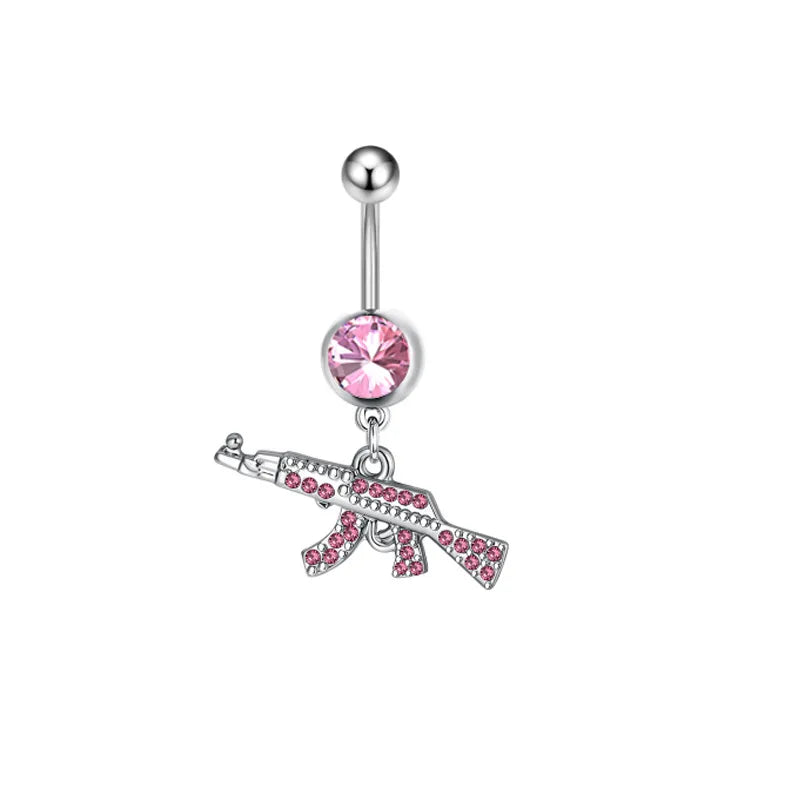 Pink Crown Belly Button Ring – Stainless Steel Heart Navel Piercing Barbell with Crystal for Women & Girls