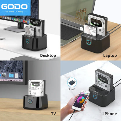 GODO Dual Bay USB 3.0 Hard Drive Docking Station – SATA 2.5"/3.5" HDD & SSD Enclosure with LED Indicator and Fast Data Transfer