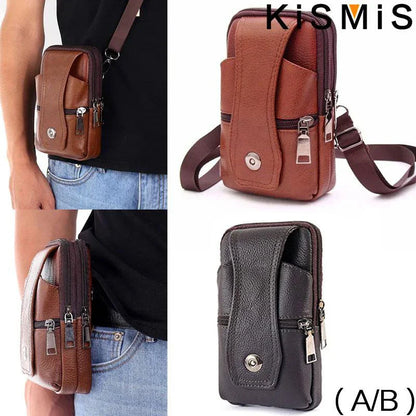KISMIS Men’s Leather Waist Bag – Multifunction Fanny Pack with Large Capacity and Shoulder Strap