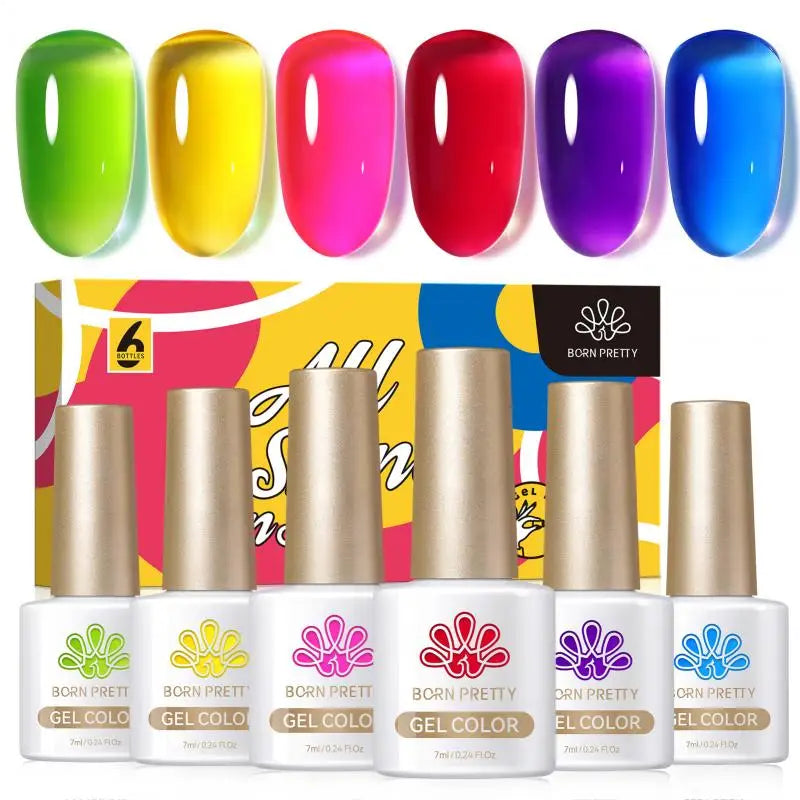 BORN PRETTY 7ml 6Pcs Soda Ice Jelly Gel Nail Polish Set - Gorgeous Full Coverage, Semi-Permanent Soak Off UV Gel Varnish