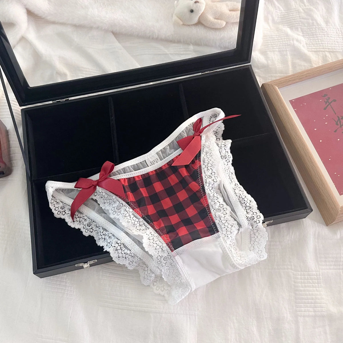 Sexy Lace-Trimmed Bow Tie Panties – Black & Red Checkered Kawaii Women’s Briefs for Party, Holiday & Vacation