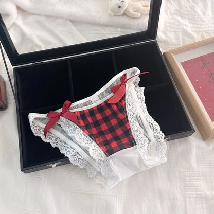 Sexy Lace-Trimmed Bow Tie Panties – Black & Red Checkered Kawaii Women’s Briefs for Party, Holiday & Vacation