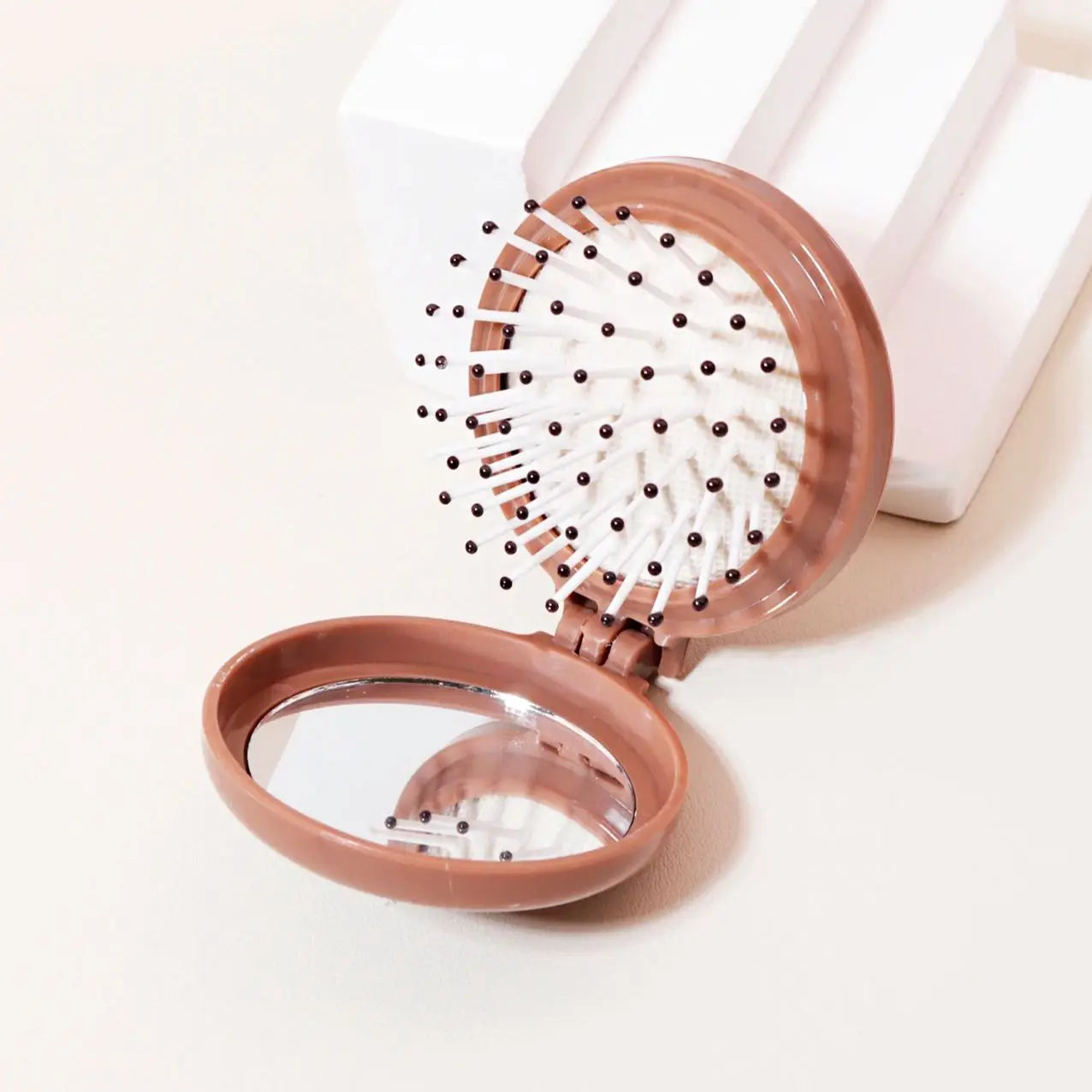 Mini Folding Head Massager & Mirror – Anti-Static Styling Comb for Wigs, Portable Travel Hair Brush