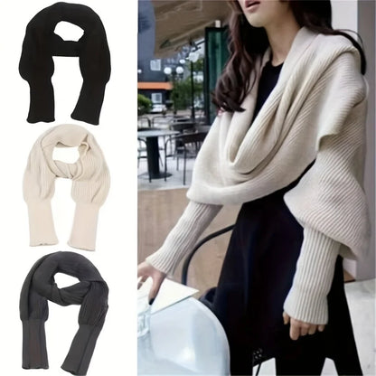 Solid Color Knit Shawl with Long Sleeves - Elegant Soft Warm Top, Elastic Wrap Scarf for Autumn and Winter