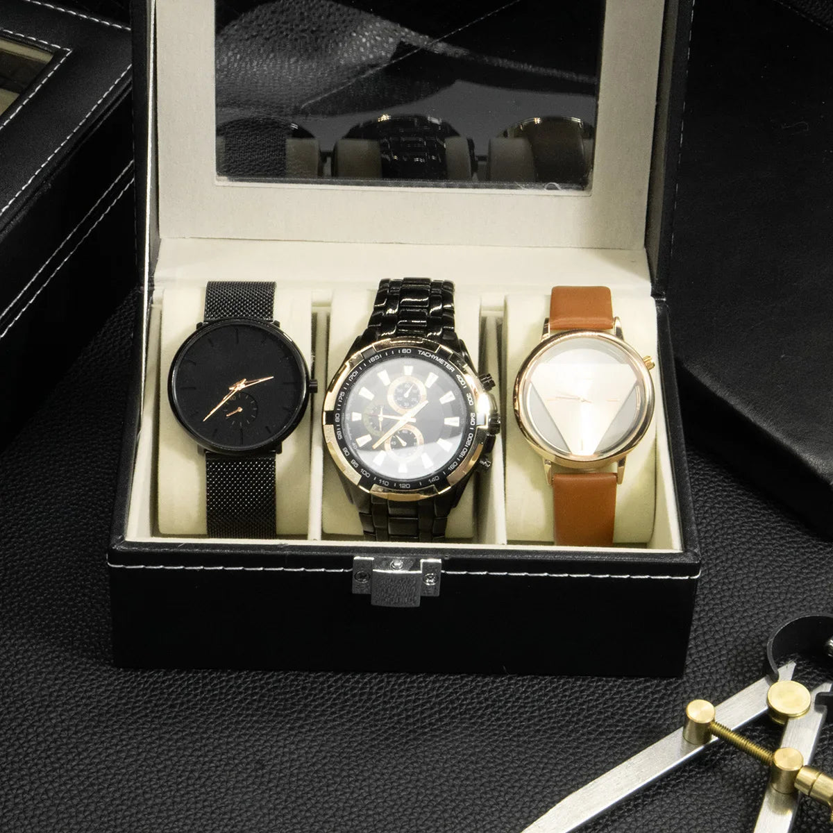 PU Leather Watch Display Box — Glass Top Storage Organizer with Slots for Men’s Watches, Perfect Gift