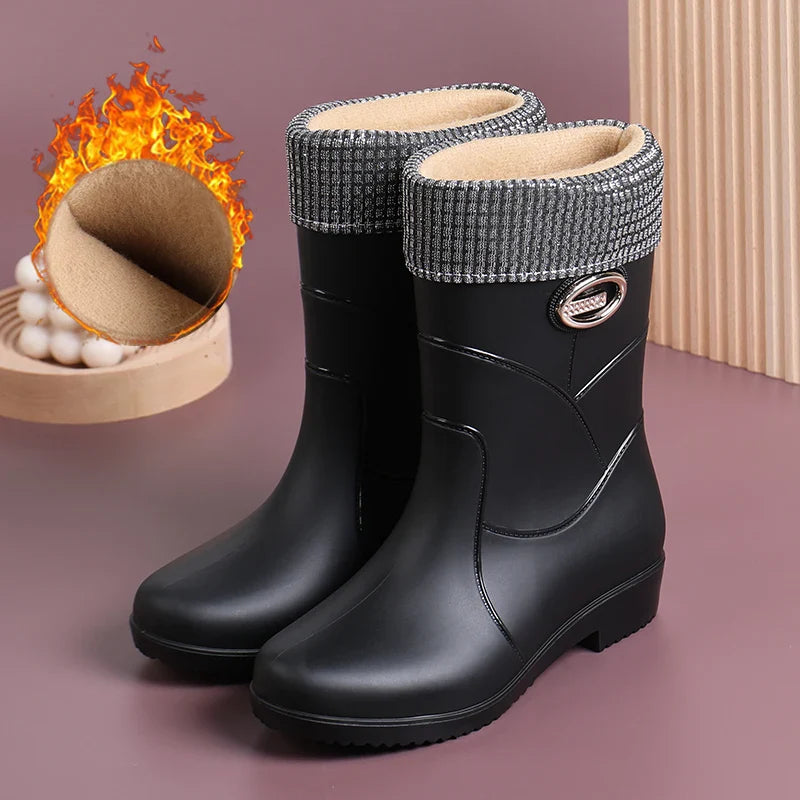 Women’s Fashion Mid-Tube Rain Boots – Wear-Resistant, Waterproof Rubber Shoes with Thick Sole, Non-Slip & Cotton Lining