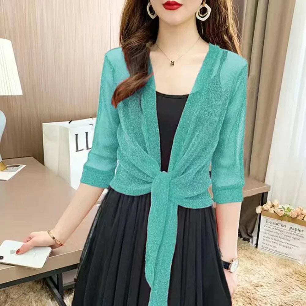 Sheer Glitter Lace-up Cardigan: Women's Half Sleeve Lightweight Summer Jacket - See-Through Loose Blouse