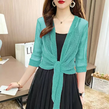 Sheer Glitter Lace-up Cardigan: Women's Half Sleeve Lightweight Summer Jacket - See-Through Loose Blouse