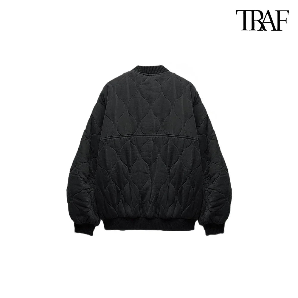 TRAF Women’s Quilted Aviator Jacket – Solid Color Round Collar Long Sleeve Casual Coat