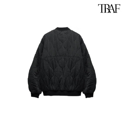 TRAF Women’s Quilted Aviator Jacket – Solid Color Round Collar Long Sleeve Casual Coat