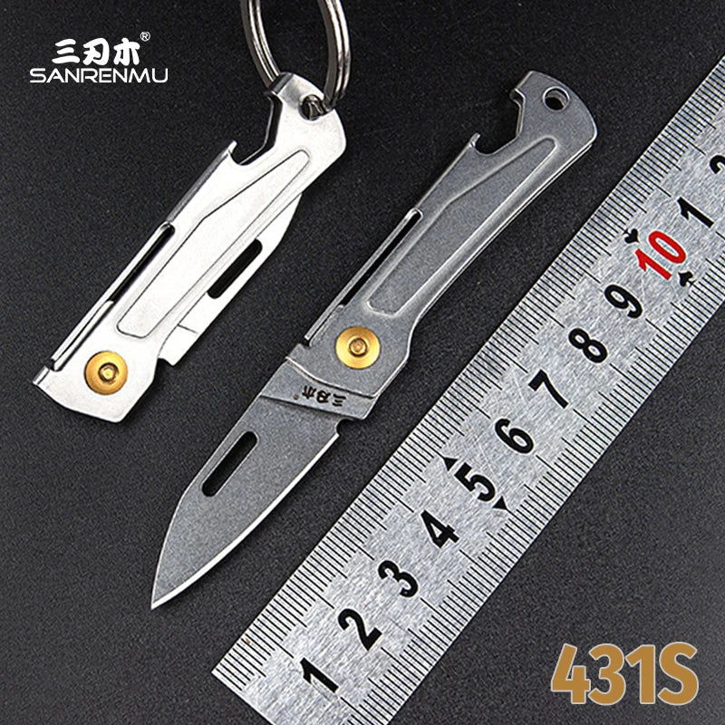 SANRENMU 431S Folding Pocket Knife – 12C27 Blade, Portable EDC Outdoor Camping Knife with Bottle Opener and Keychain Hole