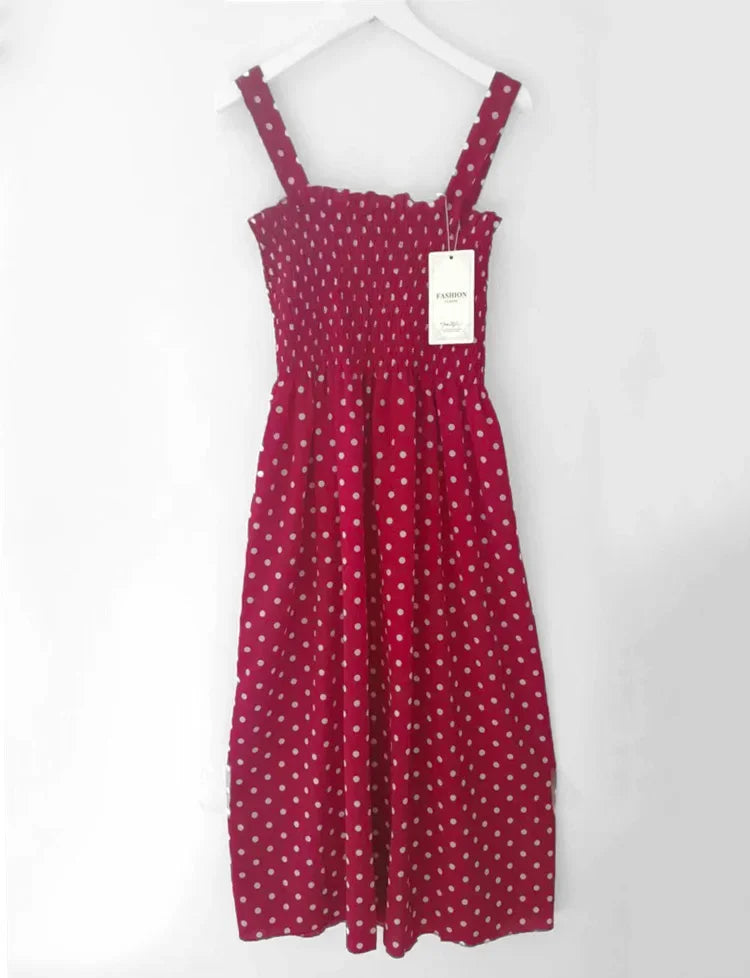 Women’s Summer Polka Dot Dress – Elegant Sleeveless Chiffon Long Dress with Square Neck, Casual & Discount Vestidos
