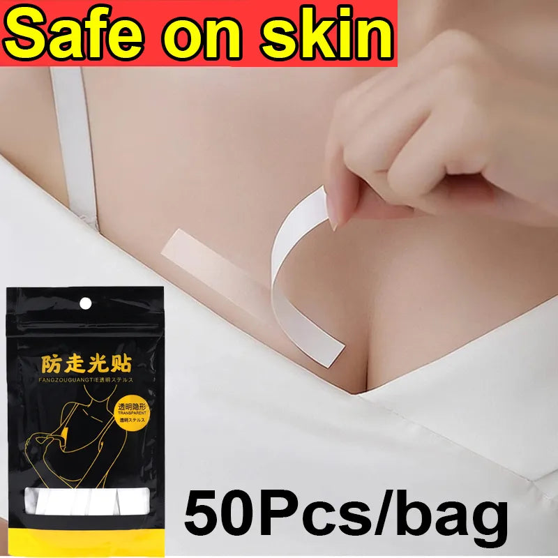 50pcs Clear Lingerie Tape | Anti-slip Double-sided Body Adhesive | Safe Dress Cloth Tape for Skin and Bra | Invisible Safe Strip