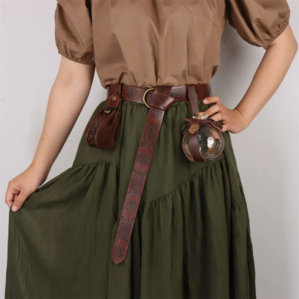 Medieval Elf Leaf Leather Belt Set – Glass Magic Bottle Case, Embossed Retro Leather Accessories for Halloween & Cosplay