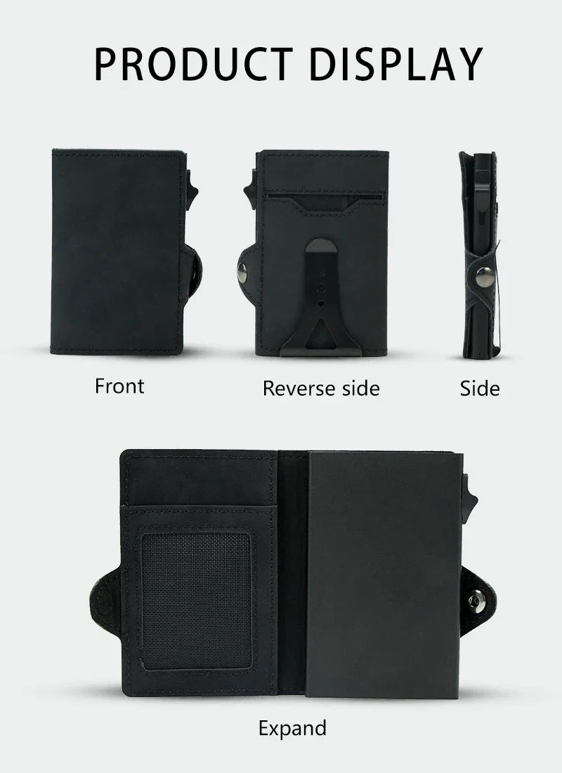 CASEKEY PU Leather Men’s Pop-Up Card Holder Wallet – Slim Minimalist Anti-RFID Smart Wallet with Money Clip & ID Window