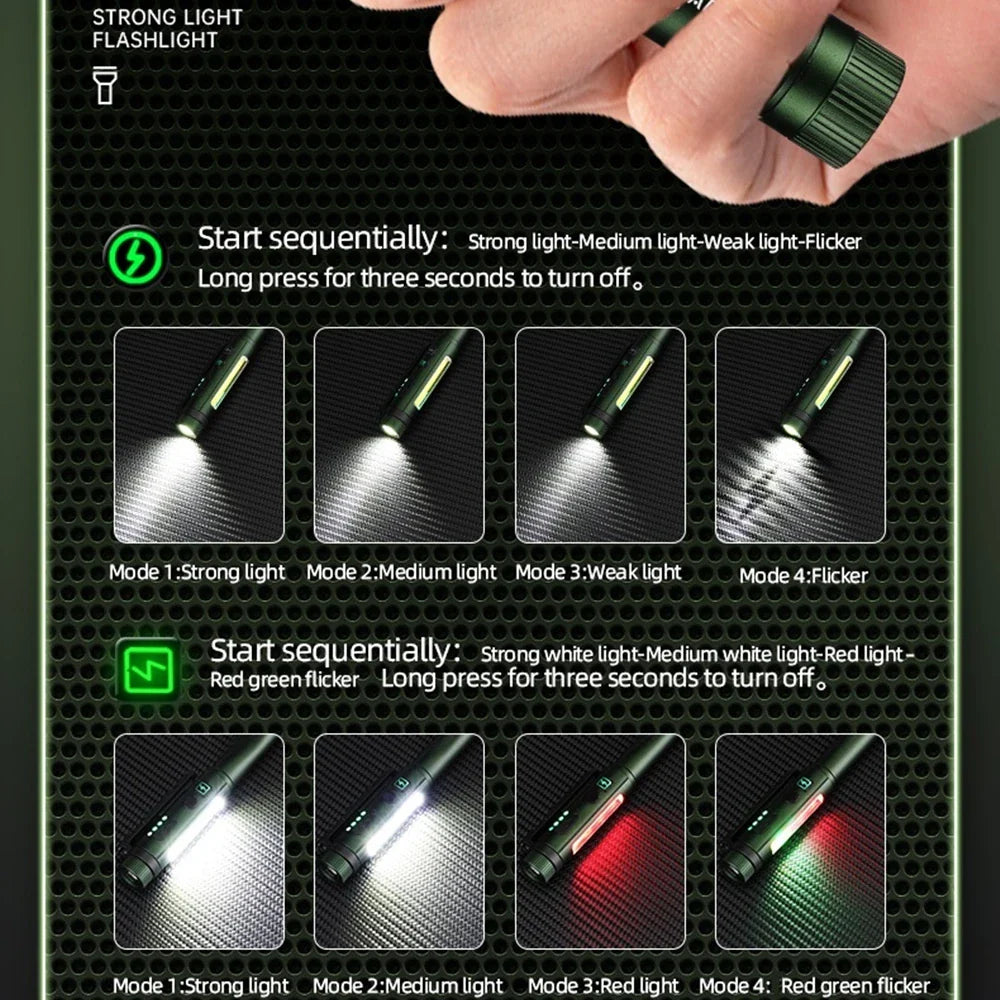 2-in-1 High Bright COB LED Pen Flashlight – USB Rechargeable Mini Torch for Camping, Hiking, Emergency & Outdoor Work Light