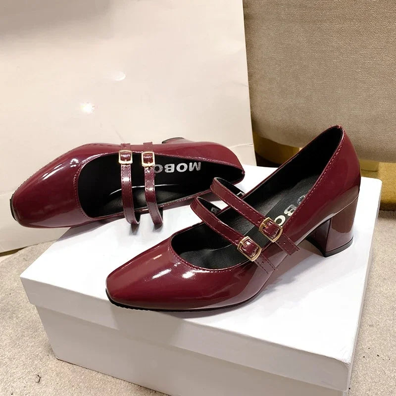 2025 Women’s Double Buckle Leather Shoes – Square Toe & Heel, Solid Color Spring & Autumn Footwear