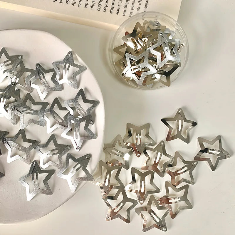 2/50PCS Y2K Silver Star Hair Clips – Filigree Metal Snap Hairpins for Girls, Nickel-Free Hair Jewelry Barrettes