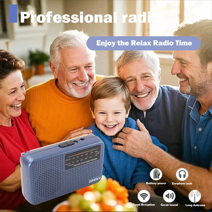 Mini FM/AM Two-Band Radio — 1W Loud Speaker with 3.5mm Headphone Jack & 180° High-Performance Antenna for Home Use