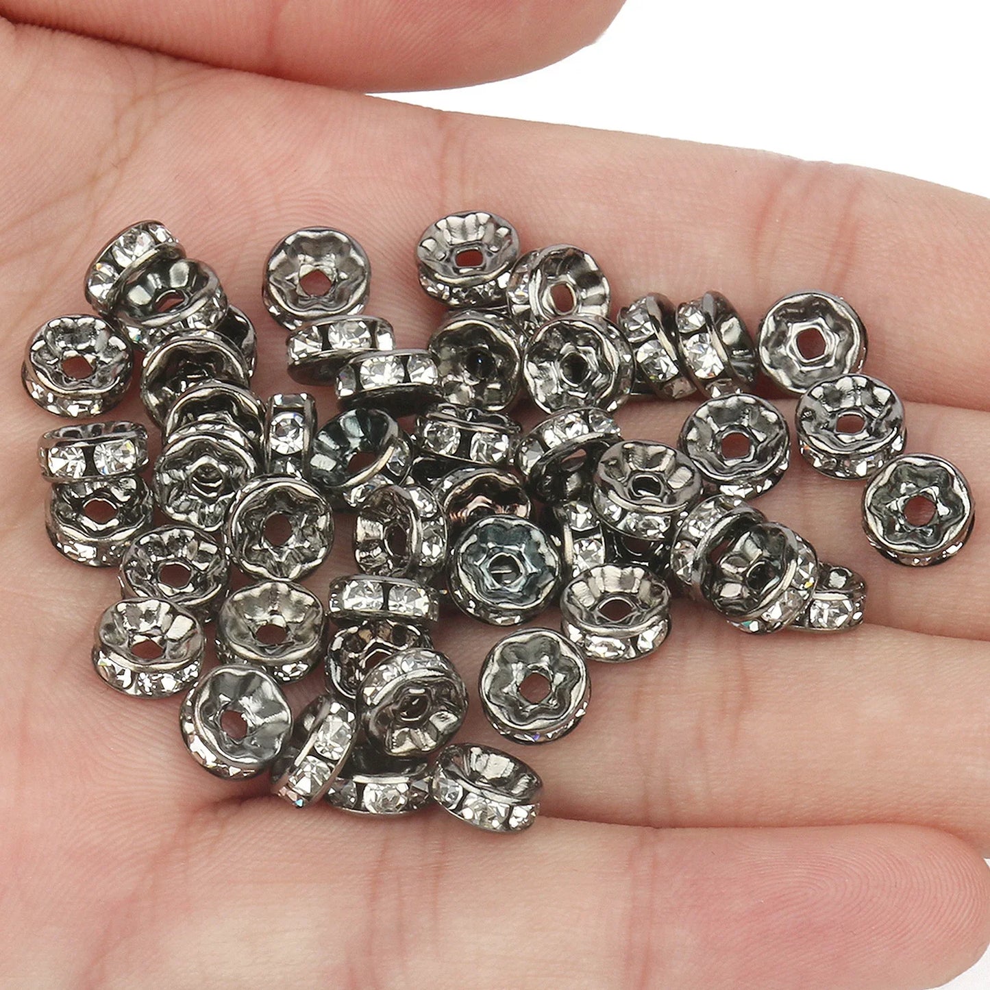 50PCS Rhinestone Spacer Beads Set – Multi-Color Crystal Rondelle Metal Beads for DIY Jewelry & Bracelet Making