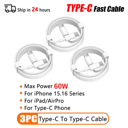PD 60W USB-C to USB-C Fast Charging Cable – 2M Power Delivery Cord for iPhone 6-16 Series, iPad & USB-A Devices