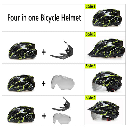PJT 4-in-1 Lightweight Cycling Helmet - 18 Breathable Holes, Detachable Sun Visor & Goggles for Adults, Road & MTB Bike Helmet