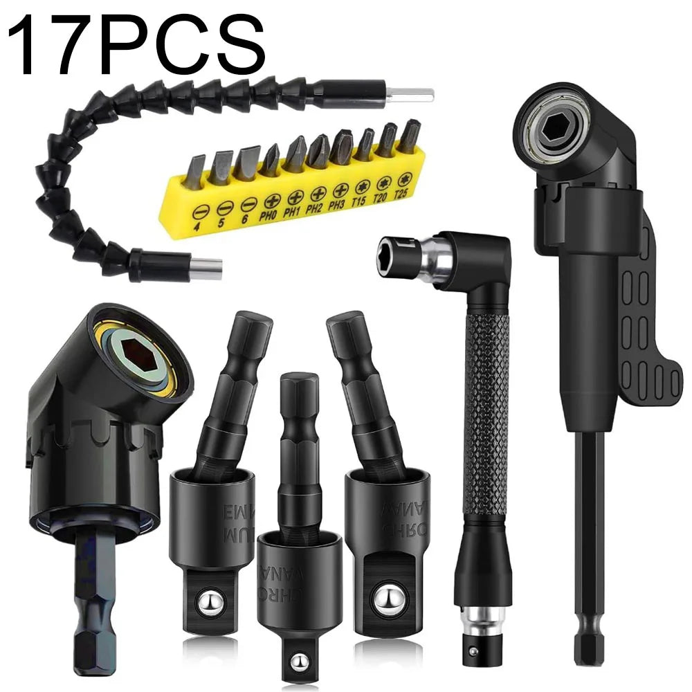 Flexible Drill Bit Extension & Right Angle Adapter Set – 105° Rotatable Hex Shank Screwdriver Bit Kit