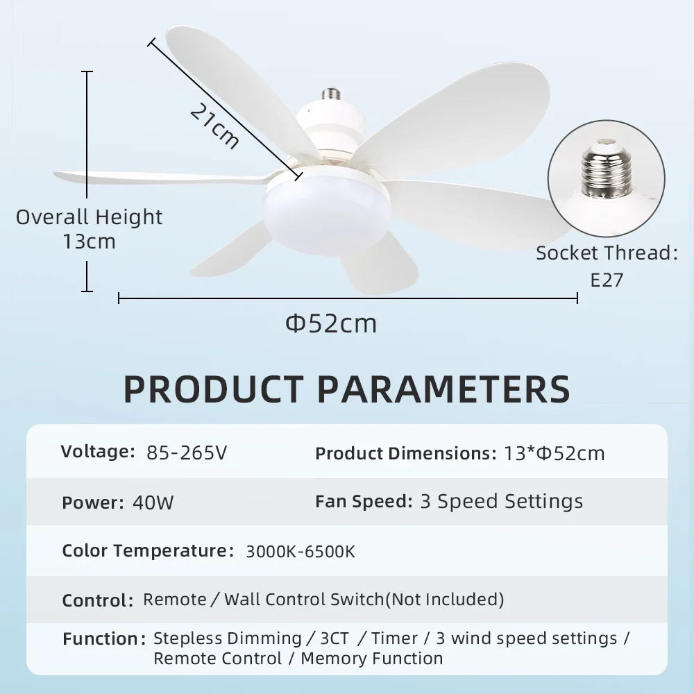 E27 LED Ceiling Fan Light - Remote Control Dimming 3-Color Lighting with 3-Speed Fan for Living Room & Kitchen