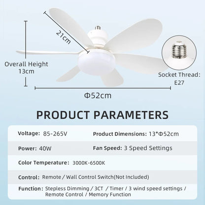 E27 LED Ceiling Fan Light - Remote Control Dimming 3-Color Lighting with 3-Speed Fan for Living Room & Kitchen