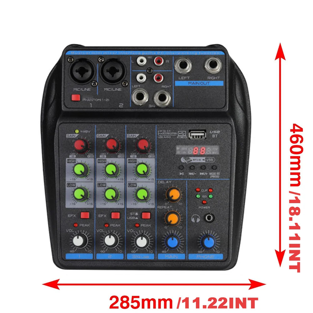 4-Channel DJ Mixer Console with Bluetooth – USB Audio Mixer, 48V Phantom Power, Karaoke Monitor System