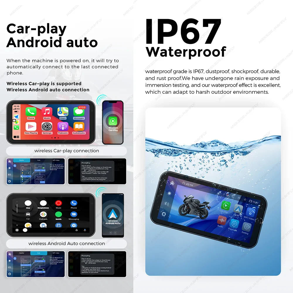 Portable 6.25-Inch Motorcycle GPS Navigation with Wireless CarPlay & Android Auto – IP67 Waterproof, DVR Drive Recorder, WIFI Moto Monitor
