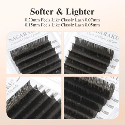 NAGARAKU Flat Ellipse Eyelash Extensions – L Curl Matte Charcoal Split Tip Lashes 0.15/0.20 Super Soft Natural Look