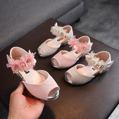 Girls Rhinestone Flower Pumps - Low Heel Princess Wedding & Party Dress Shoes for Kids