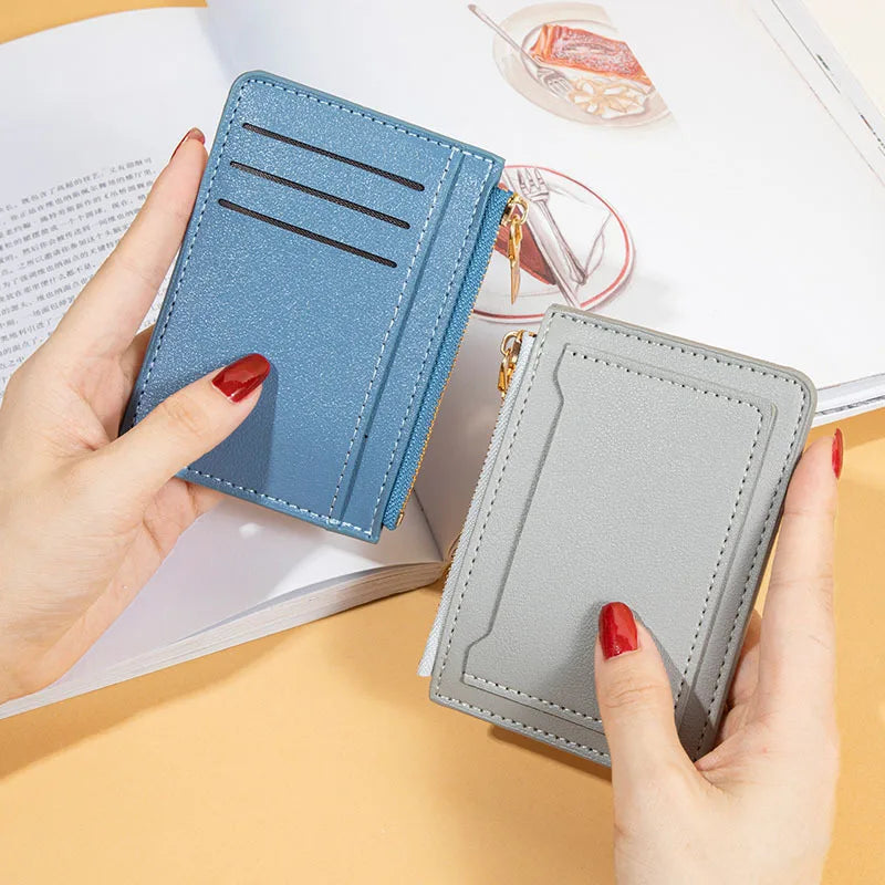 Ultra-Thin PU Leather Credit ID Card Holder: Zipper Fashion Wallet for Women & Men, Small Money Bag, Coin Purse Clip Organizer