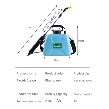 5L Electric Sprayer with 2400mAh Rechargeable Lithium Battery - Smart Agricultural Disinfection and Pesticide Dispenser for Gardens