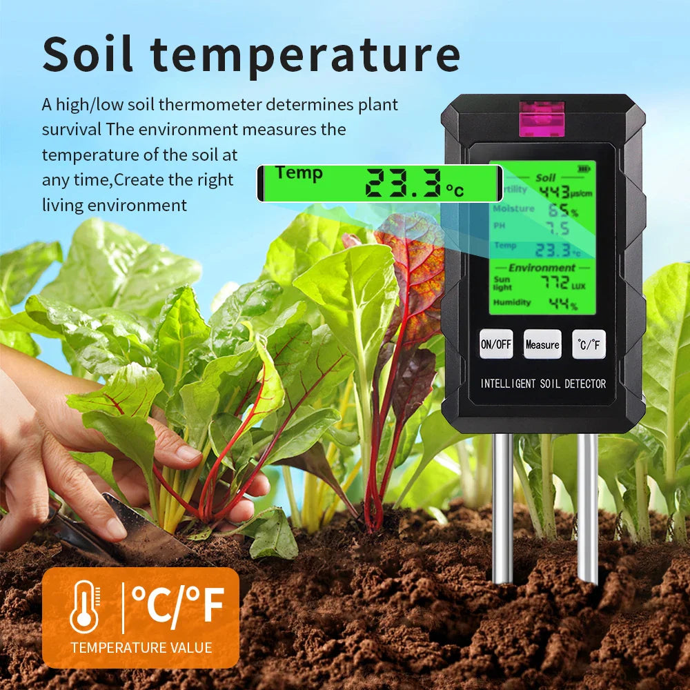 6 in 1 Soil Tester - pH, Temperature, Humidity, Sunlight, Air, Moisture & Nutrient Fertility Meter for Gardening