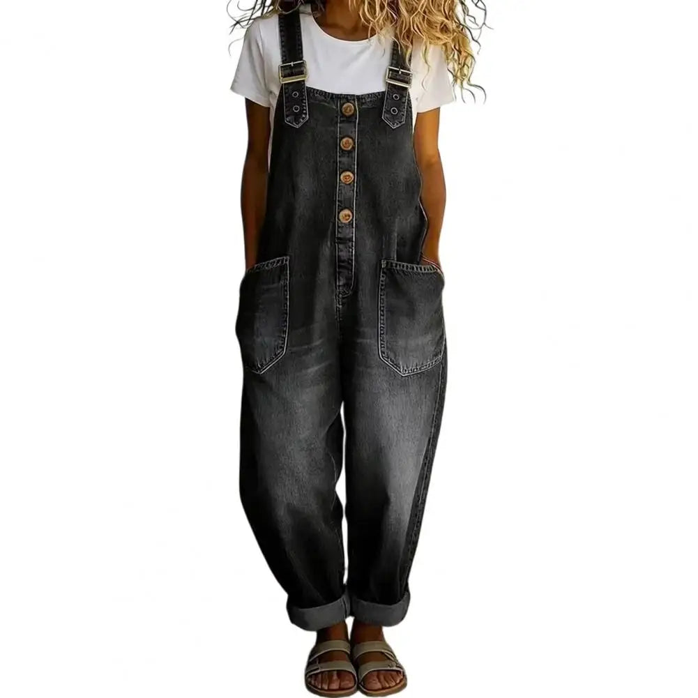 Women's Denim Bib Overalls - Relaxed Fit Wide Leg Vintage Jumpsuit Pants with Button Front Design