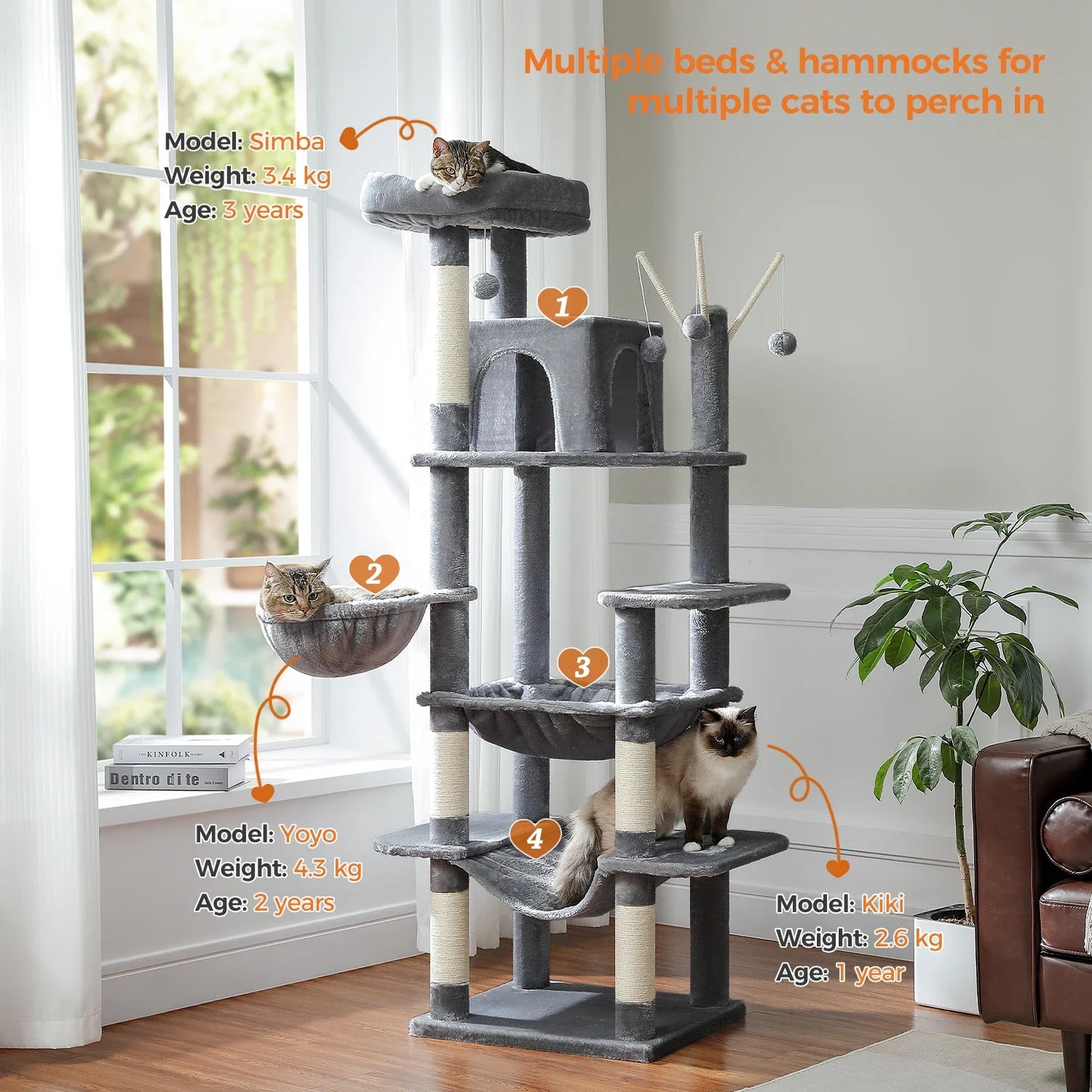 Large Cat Tree Tower – Multi-Level Plush Indoor Cat Condo with Scratching Posts, Boards, Perches & Caves