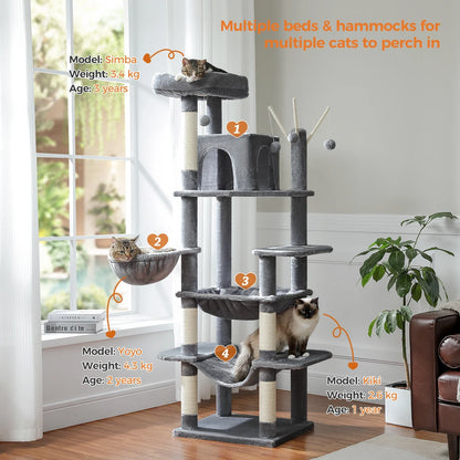 Large Cat Tree Tower – Multi-Level Plush Indoor Cat Condo with Scratching Posts, Boards, Perches & Caves