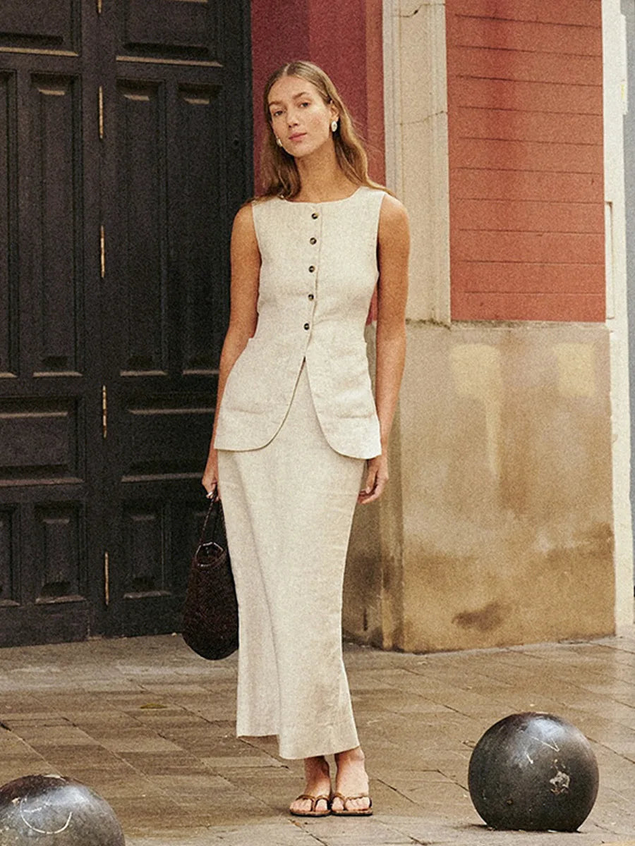 Bornladies Women’s Linen Vest & High Waist Skirt Set – Sleeveless Casual Office Outfit for Spring Summer Fashion Two-Piece Suit
