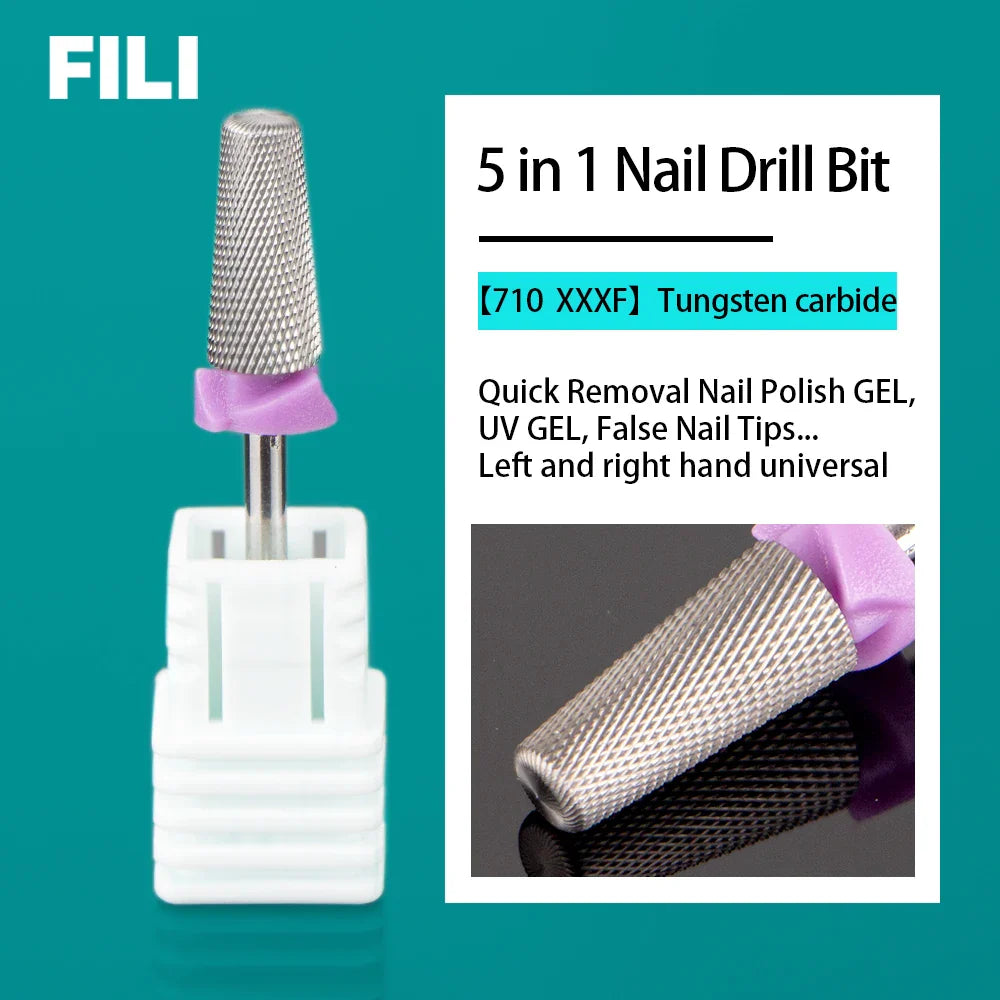 5-in-1 Tungsten Carbide Nail Drill Bits - Nail Art Equipment, Rotary Mills Cutter for UV Gel Removal & Manicure Tool